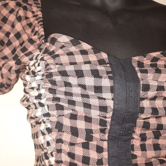 Gingham Corset Puff Sleeve Top Boho Cottage Coquette Y2K Prairie Crop Fairy M - Picture 3 of 8